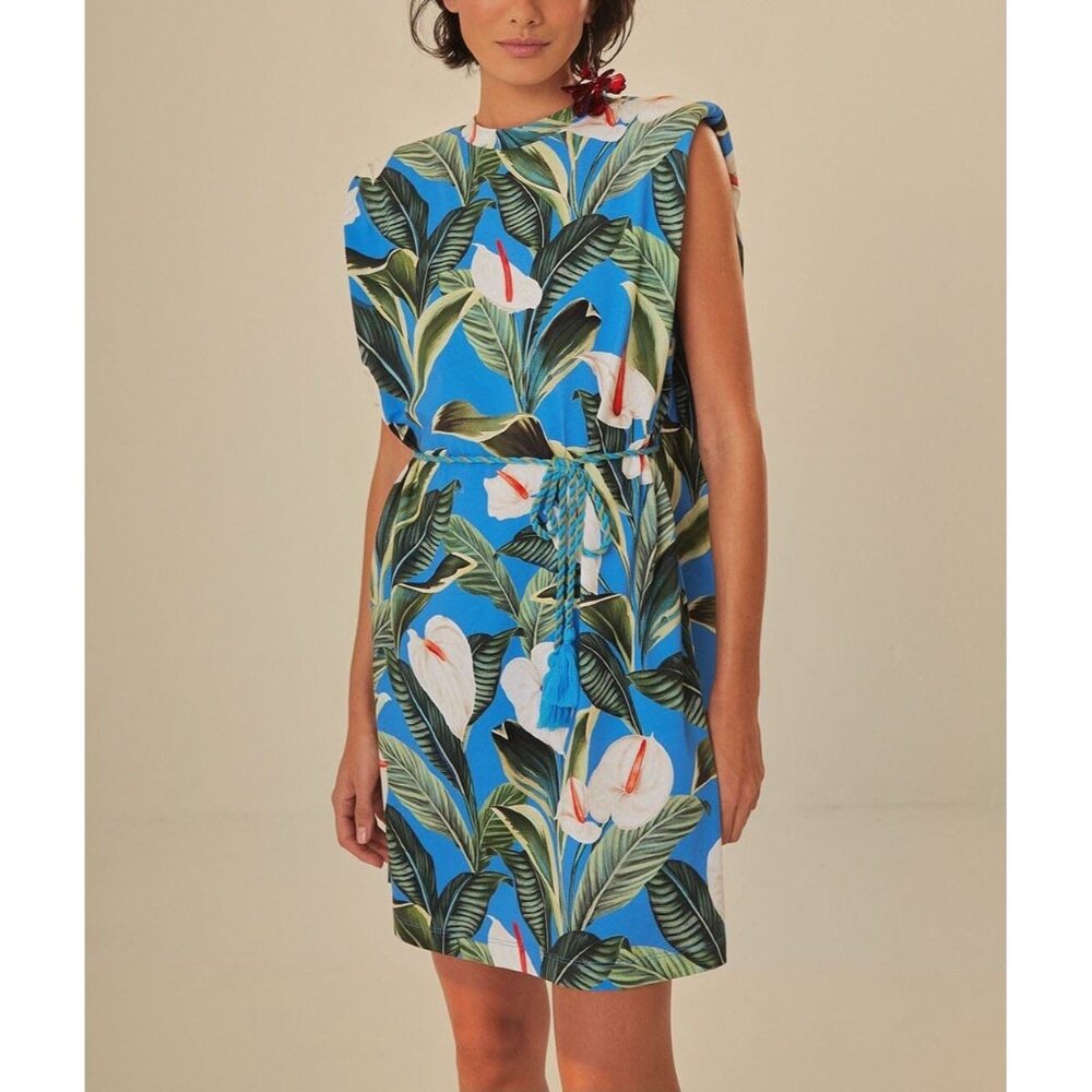 NWT FARM Rio Blue Anthurium Garden Organic Cotton Mini T-shirt Dress Medium